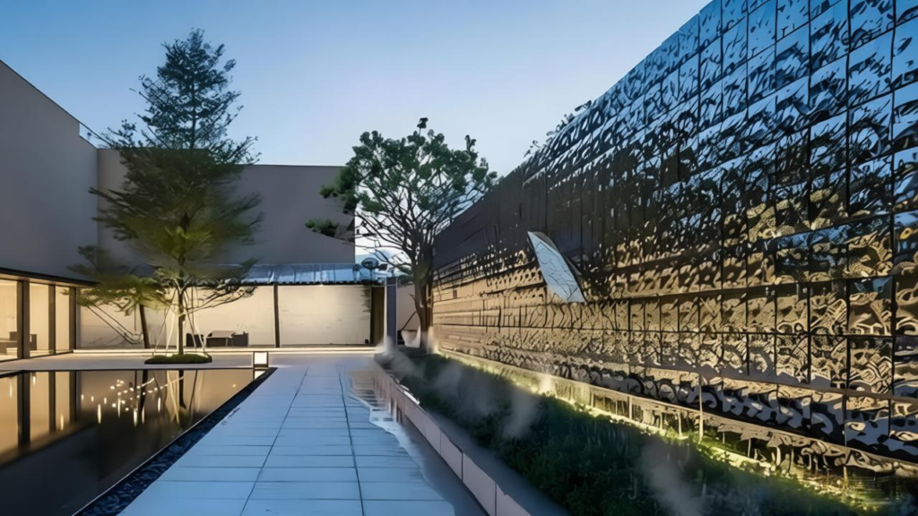 Reflective shimmer wall tiles creating dynamic light effects in sunlight